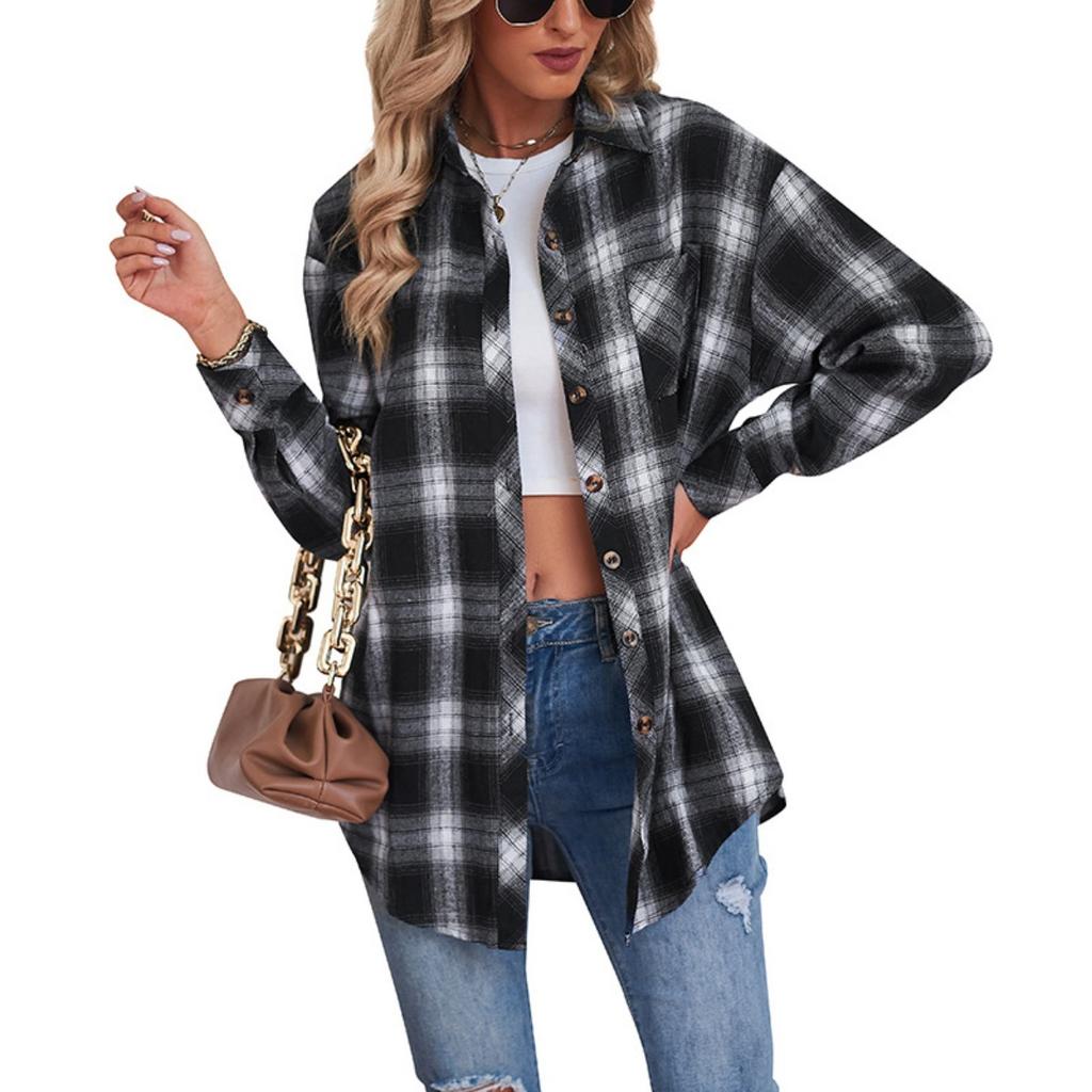 Autumn Winter Women's Plaid Shirt, Lapel Long Sleeve Loose Casual Blouse, European American Style Fashion Top