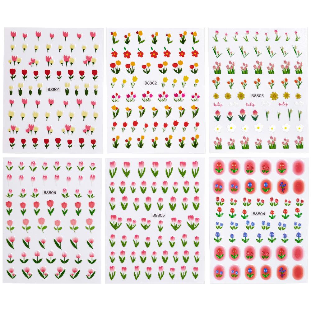 6pcs 3D Elegant Tulip Flower Nail Art Stickers Peach Pink Floral Sliders Adhesive For Nail Decals Manicure Nail Decal Decoration