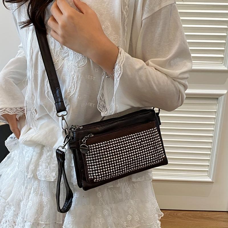 Rhinestone-Studded Shoulder Bags for Women Zip Closure Trendy Small Square Ladies Clutch Bag Small Crossbody Bags for Women