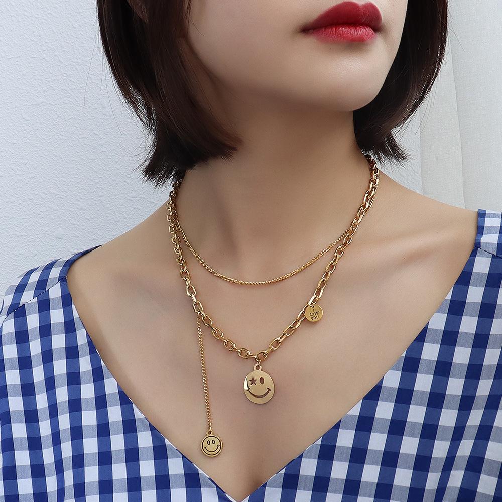 Marka French Style Smiley Face Tassel Pendant Necklace, 18k Gold Titanium Steel Clavicle Chain P1051