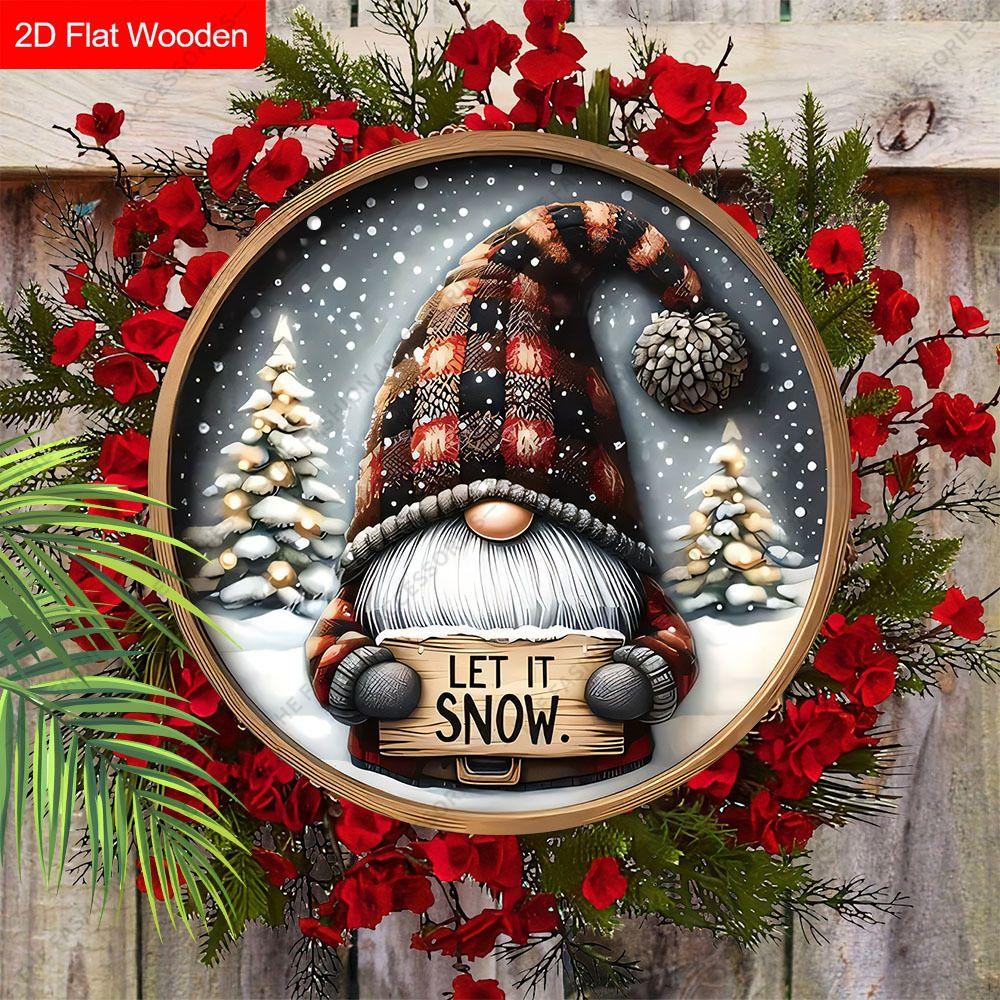 Plaid Gnome LET IT SNOW Round Wooden Hanging Sign, 2D Flat Printed Christmas Wall Door Ornament, Winter Xmas Home Decor Gift