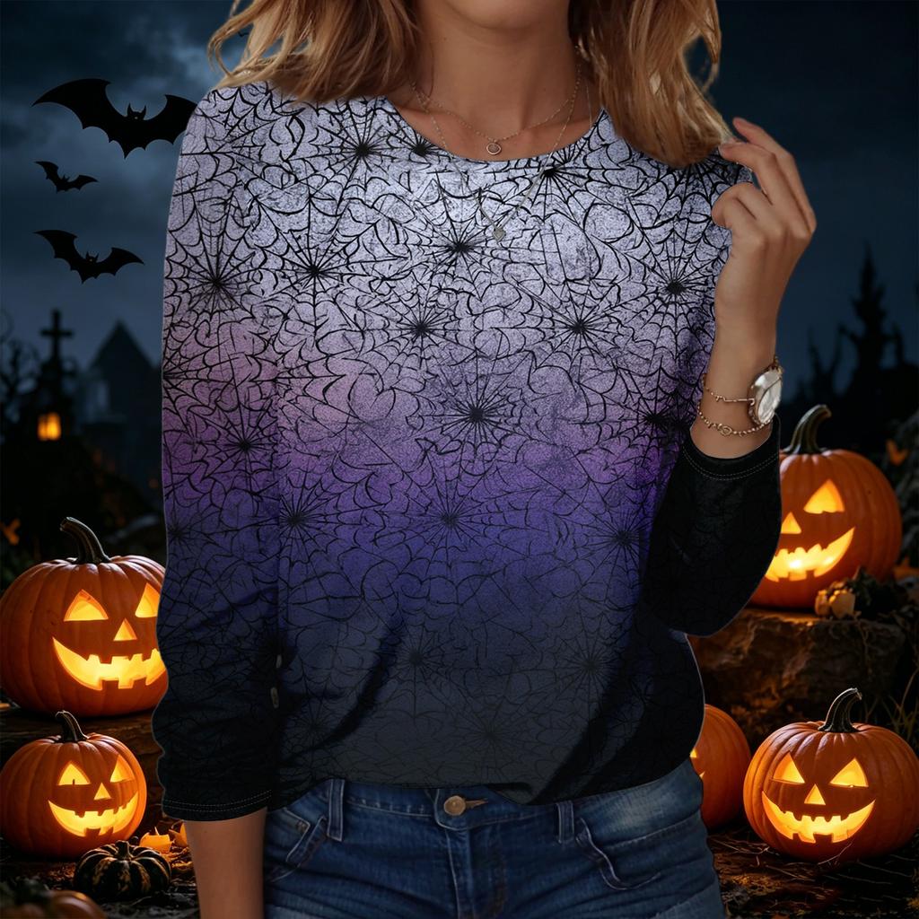 Damen Halloween Bedruckter Pullover Sweatshirt Langarm Rundhalsausschnitt Lässiges Lockeres Oberteil für Herbst Winter Alltag