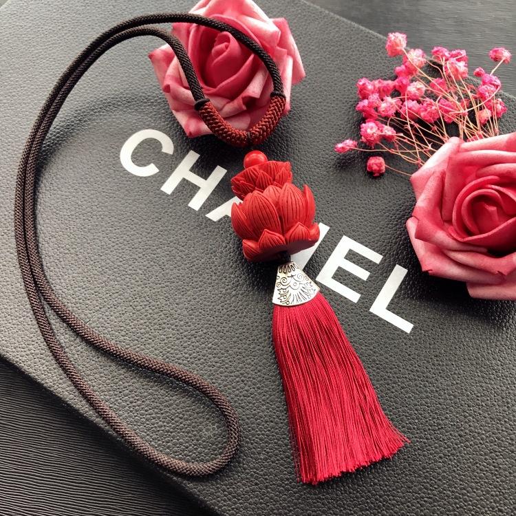 Neoclassical Chinese red cinnabar fringed necklace retro fashion long versatile sweater chain four seasons ethnic style accessories