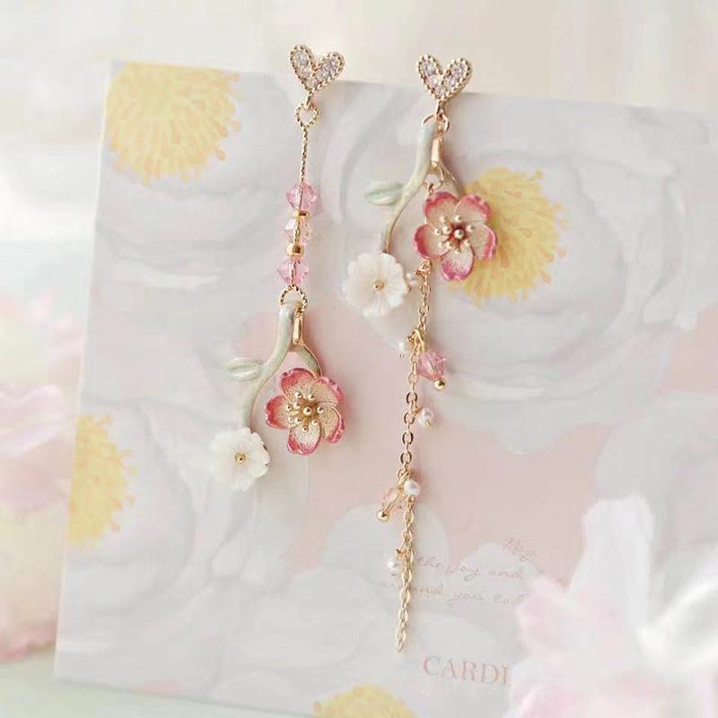 Retro Classic Wine Red Flowers Tassel Earrings For Women Temperament Long Pendant Ear Nail Korean Style Jewelry