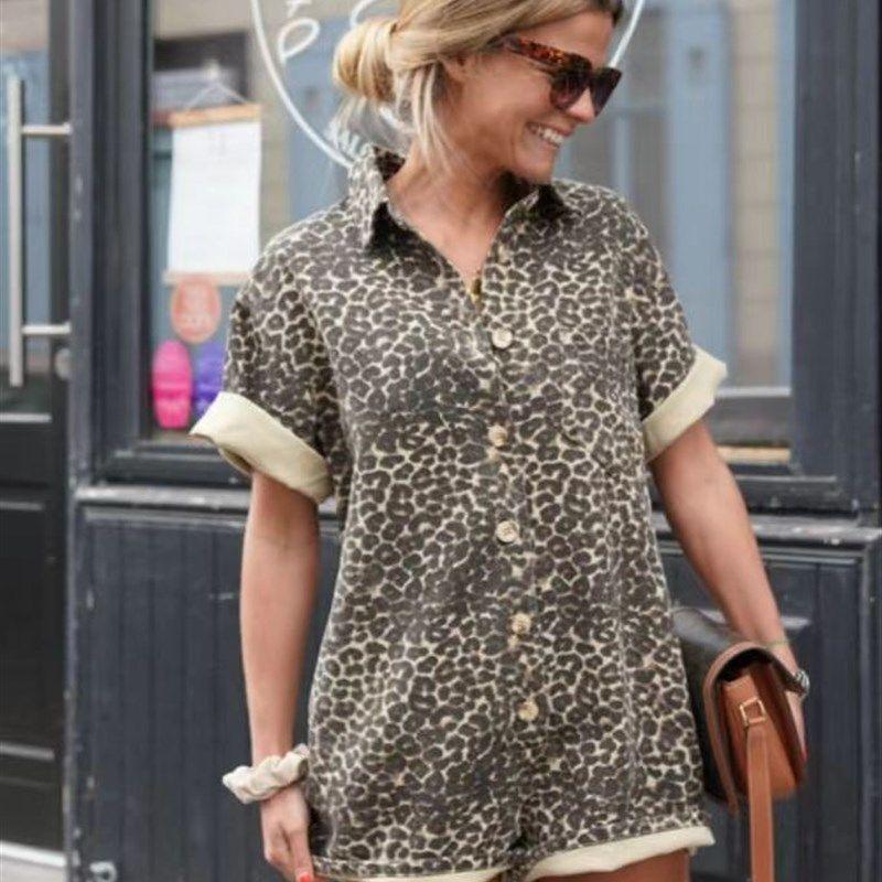 

Printed Resort Style Collared Shirt Shorts Set for Women SS Leopard print S
