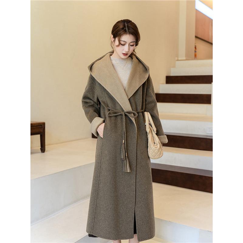 

Hooded Double-Sided Long Wool Coat Bathrobe with Tie Waist - Autumn/Winter Korean Fashion Women s Outerwear Small темные хаки