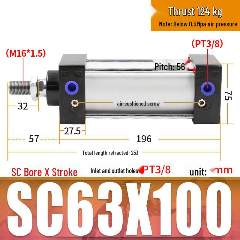 SC63 High Thrust Small Pneumatic Cylinder, Model SC40/50/80/100*125X150X200X500-S