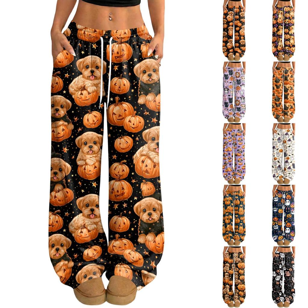 Women's Halloween Print Casual Wide Leg Pants with Drawstring Elastic Waist for Holiday Parties