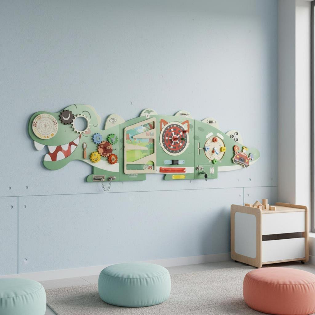 Dinosaur Wall Busy Board Educational Interactive Wood Activity Center for
