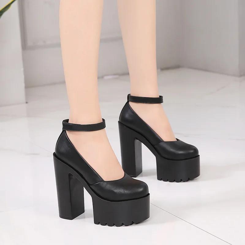 Fashion 14CM High Heels Mary Jane Shoes Platform Adjustable Strap Closed Toe Heeled Shoes Pumps Women Fashion Rhinestone Party Wedding