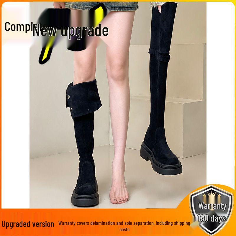 Women's 2025 Aut/Win Thick-Soled Over-the-Knee Foldable Knight Boots - Chunky Heel in Black/Khaki