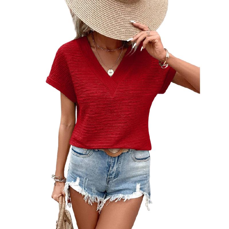Womens Tops Summer Textured Short Sleeve V Neck T Shirts Loose Fit Fashion 2024