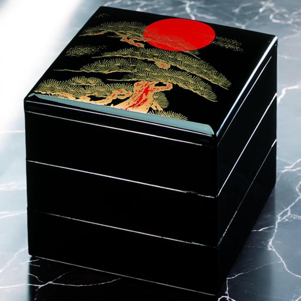 J-kitchens Lacquerware 3-Tiered Jubako Box, 7-inch, Houtoku Sunrise Pine Design, 21.0cm, Resin, Made in Japan