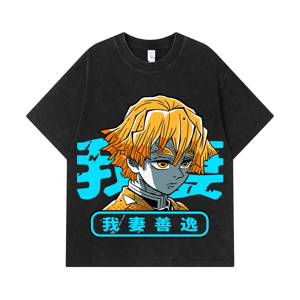 275 GSM Washed T-shirts 100% Cotton Demon Slayer V100 Zenitsu Print Unisex Heavy Cotton T Shirt