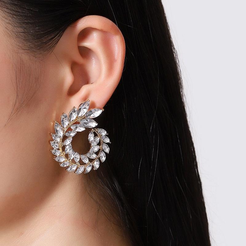 

Luxury Full Rhinestone Leaf Stud Earrings For Women Exaggerated Big Circle Round Statement Earrings Wedding Zircon Gift
