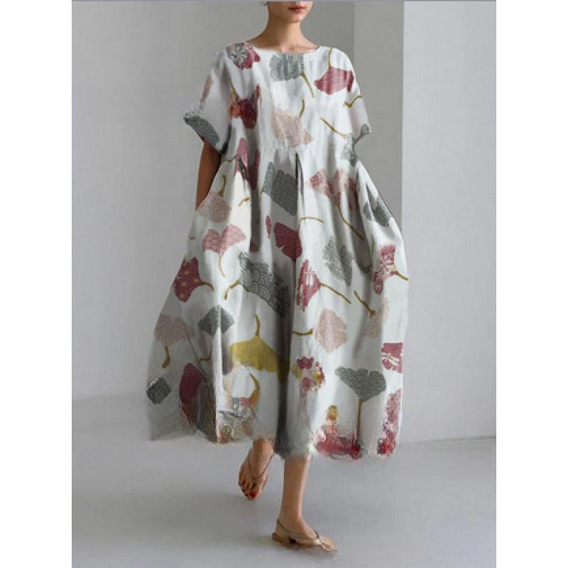 Damen Sommer Übergröße Gestreiftes Print Maxikleid, Lässiges Lockeres Rundhals Kurzarm Oversized A-Linien-Kleid