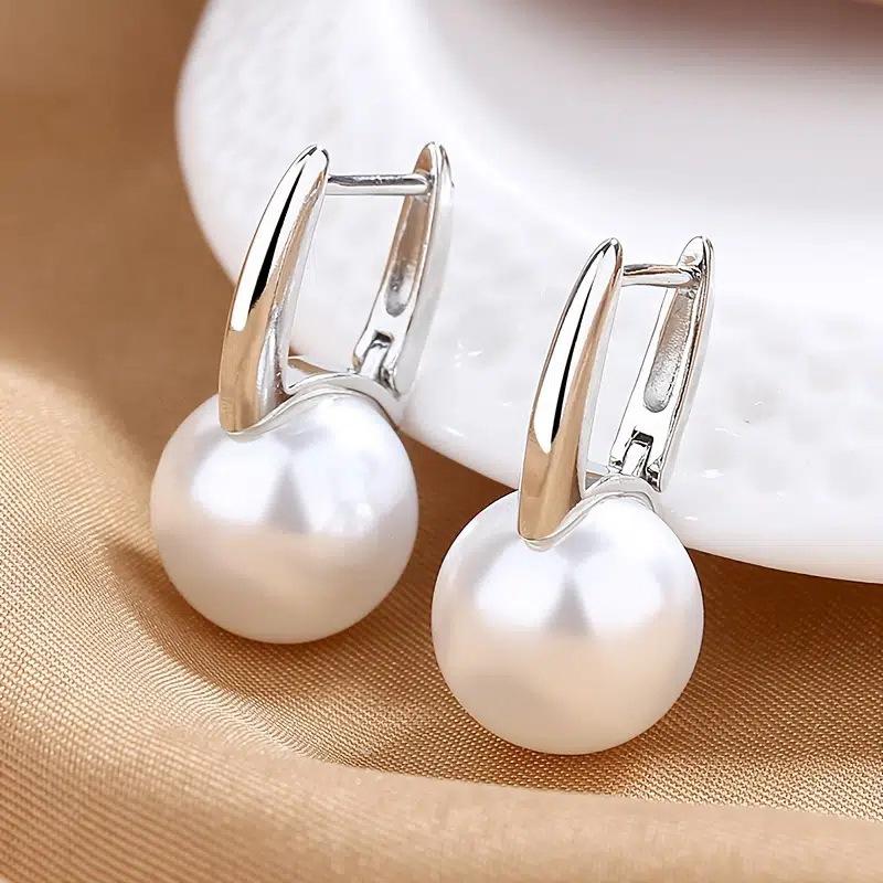 

Vintage Female Earrings Sterling Silver Round Pearl Small Earrings for Women Promise Love Wedding Pendientes Bijoux