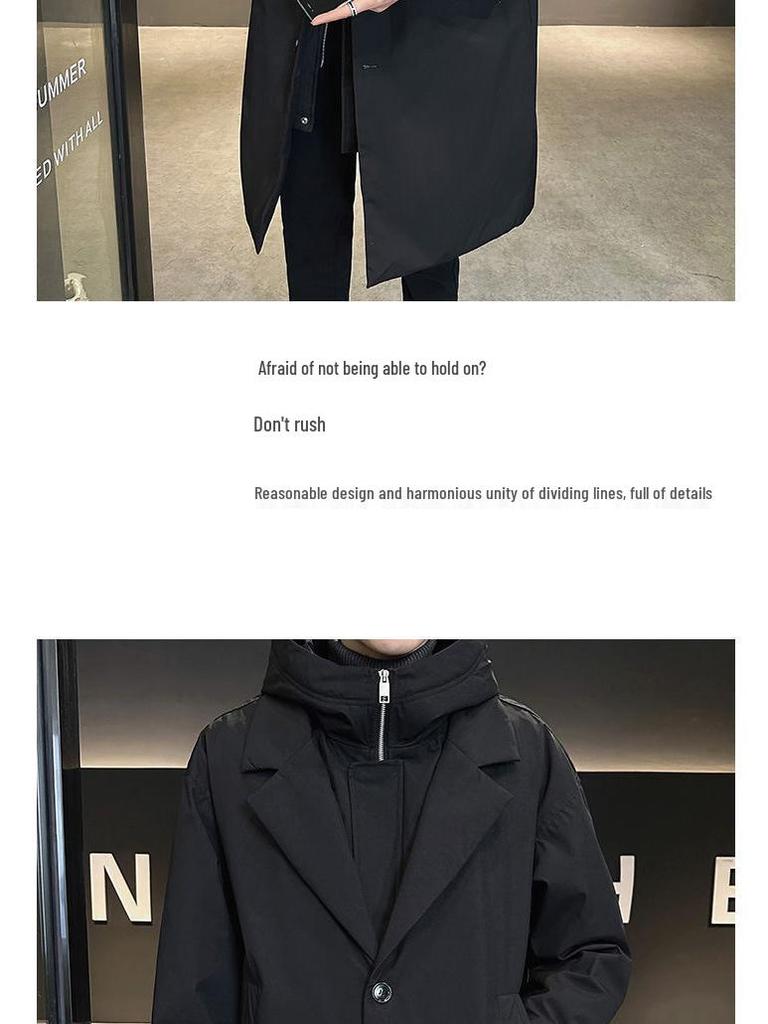 Men's Winter Hooded Mid-Length Down Jacket, Faux Two-Piece Windbreaker, Trendy Thickened Plus-Size Coat