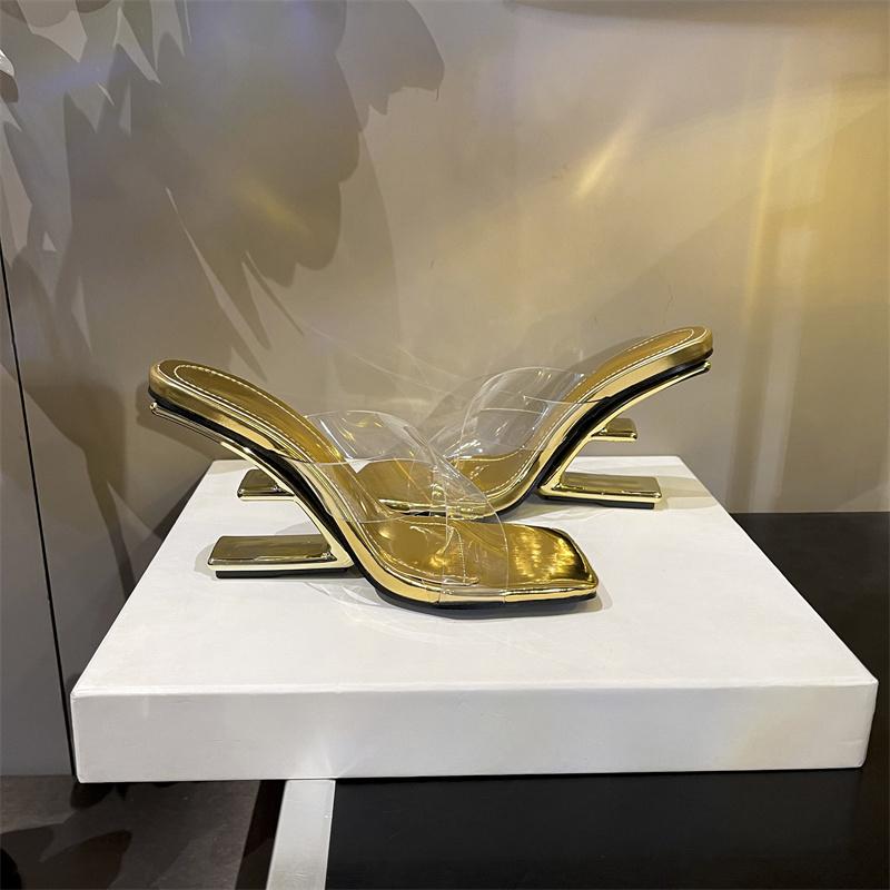 Fashion Summer New Style Fashion Transparent Golden Fretwork Heels Sandals Women Sexy High Heels Slippers Exposed Toes Party Shoes
