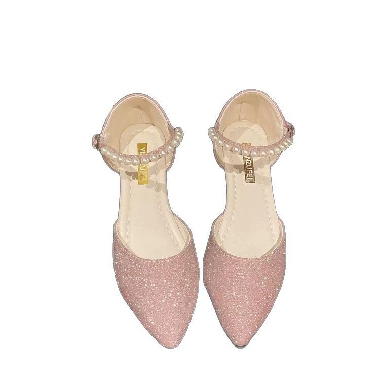 Fairy flat bottom pointed pearl sandals with one word sweet with skirt hollow bridesmaid bag heel with skirt single shoes