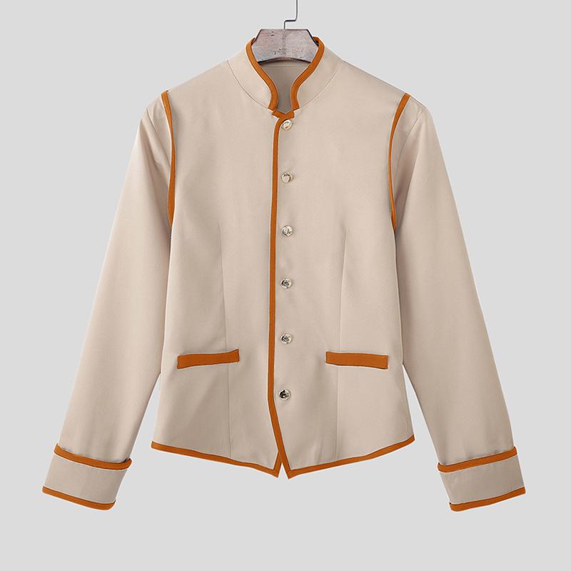 

INCERUN Men Stand Neck Long Sleeve Stitching Casual Slim Thin Blazer Suit Coats 3XL хаки
