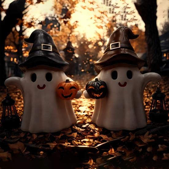 Ghost Statue Solar/Battery-Powered Weather Resistant Resin Whimsical Ghost Pumpkin Design Ornament Halloween Decor