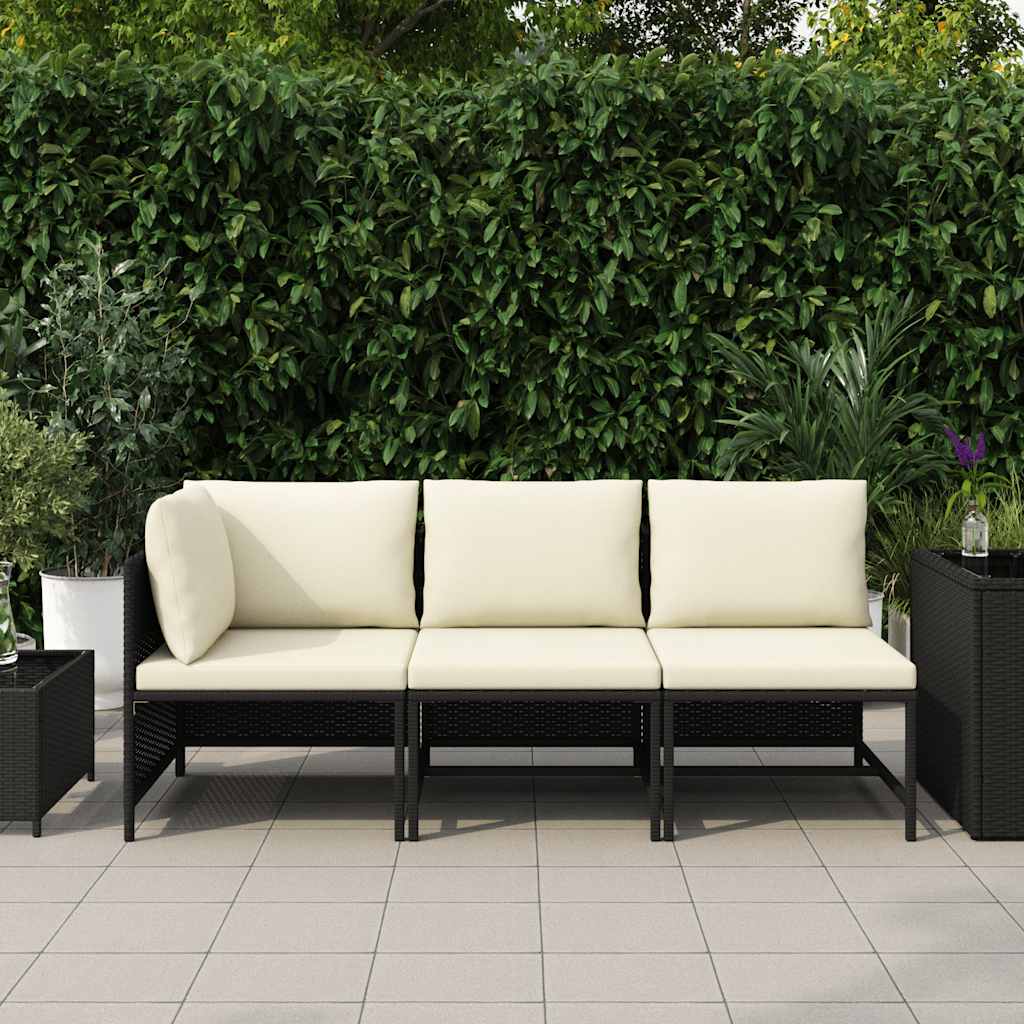 3 Piece Garden Sofa Set with Cushions Black Poly Rattan
