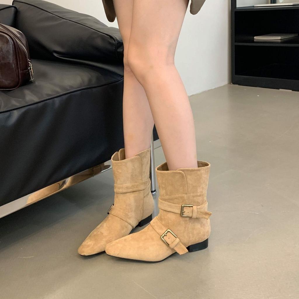 2024 Autumn/Winter New Short Boots Women's Leather Buckle Pointed Suede Flat Bottom Women Platform Boots