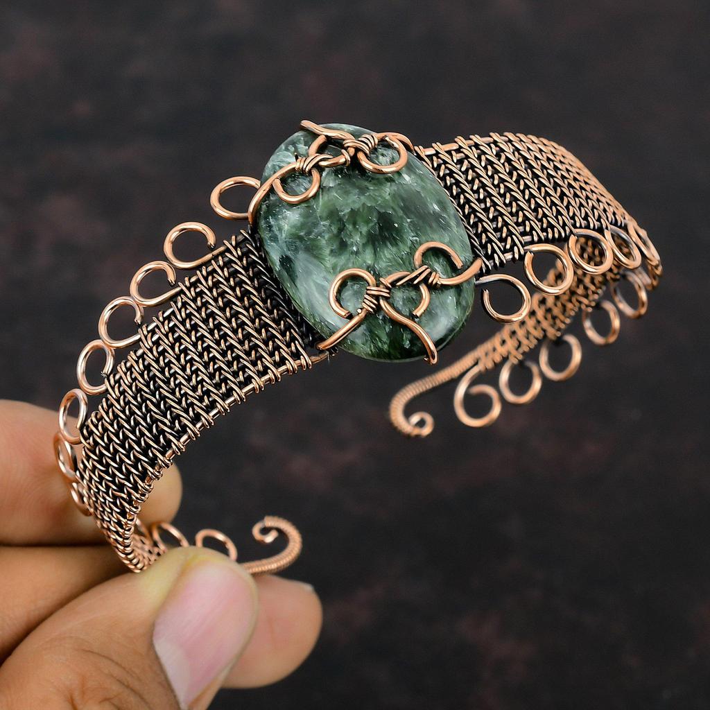 Seraphinite Cuff Bracelet Copper Wire Wrapped Gemstone Jewelry Handmade Copper Cuff Bracelet Wire Wrap Bangle Gift For Her Adjustable Bangle