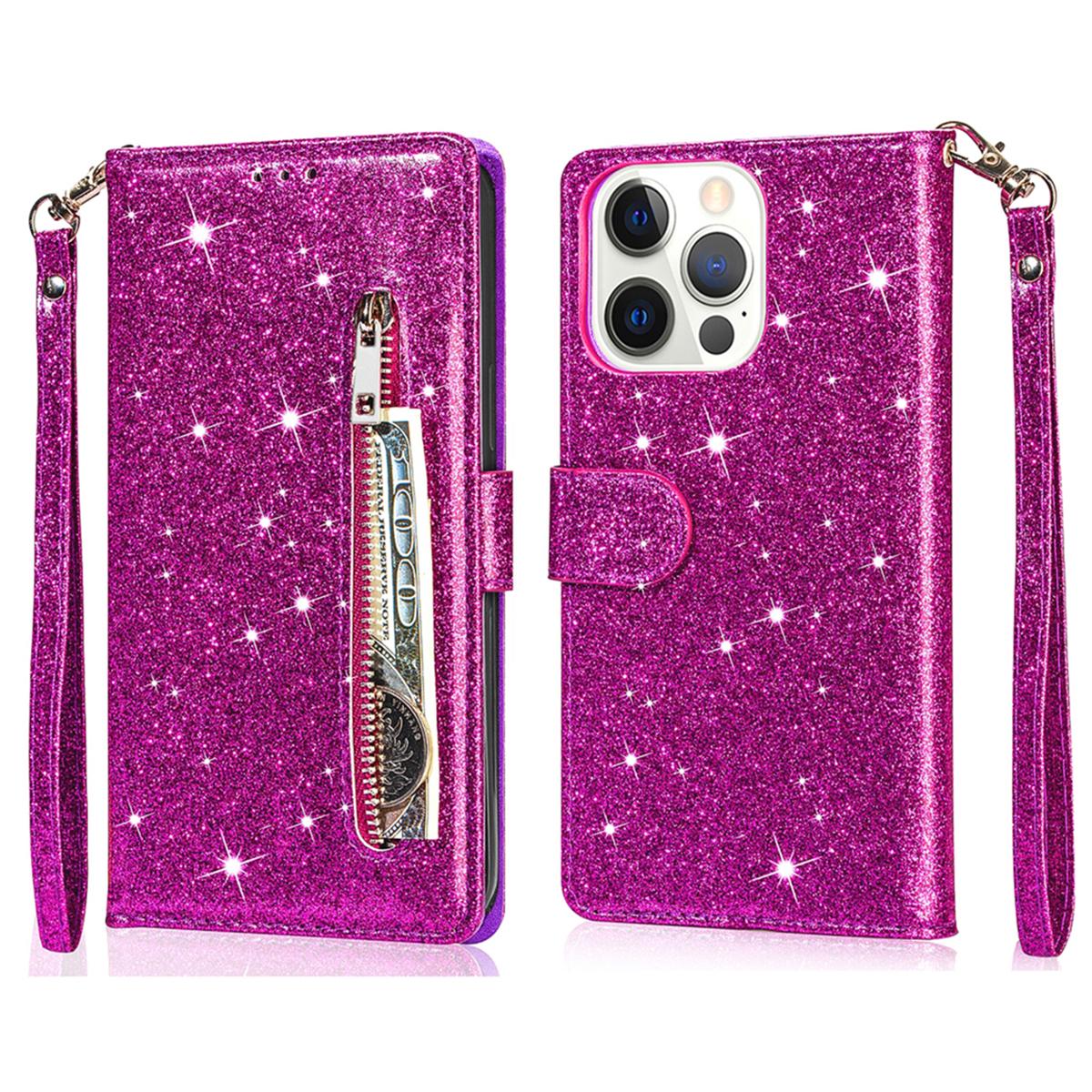 

For iPhone 16 Pro Max Case Glitter Leather Stand Phone Cover Zipper Pocket Rose