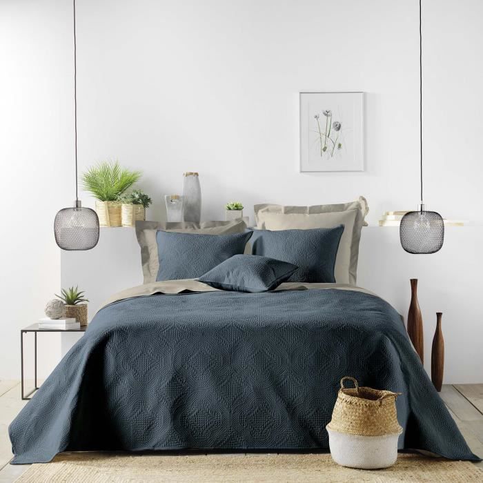 Couvre lit - Romano - Bleu - 220x240 cm - Ethnique - Lavable à 40°