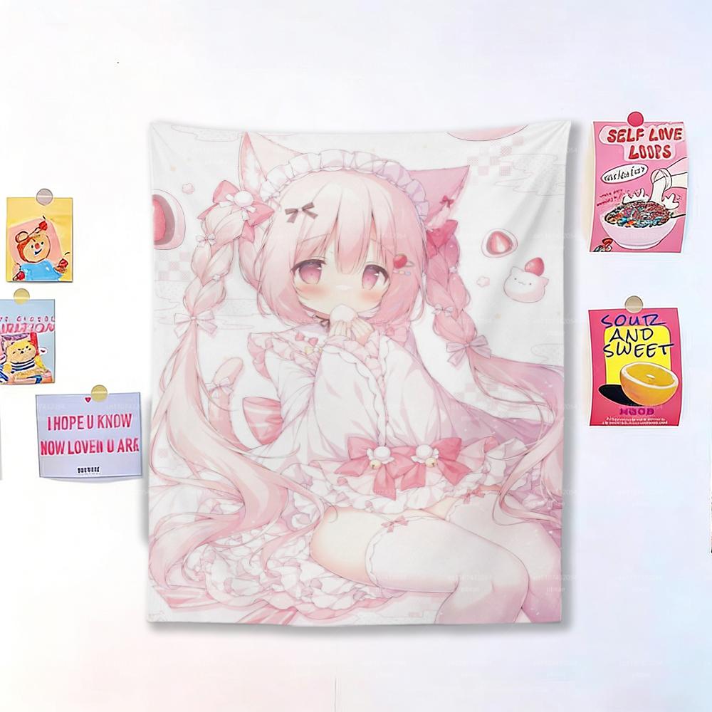 Anime Cute Cat Girl Wall Tapestry Hippie Flower Art Wall Hanging for Dorm Bedroom Decor