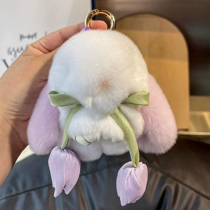 Real Rex Rabbit Hair Rabbit Tulip Keychain Pendant Cute Dead Rabbit Plush Doll Bag Pendant Gift