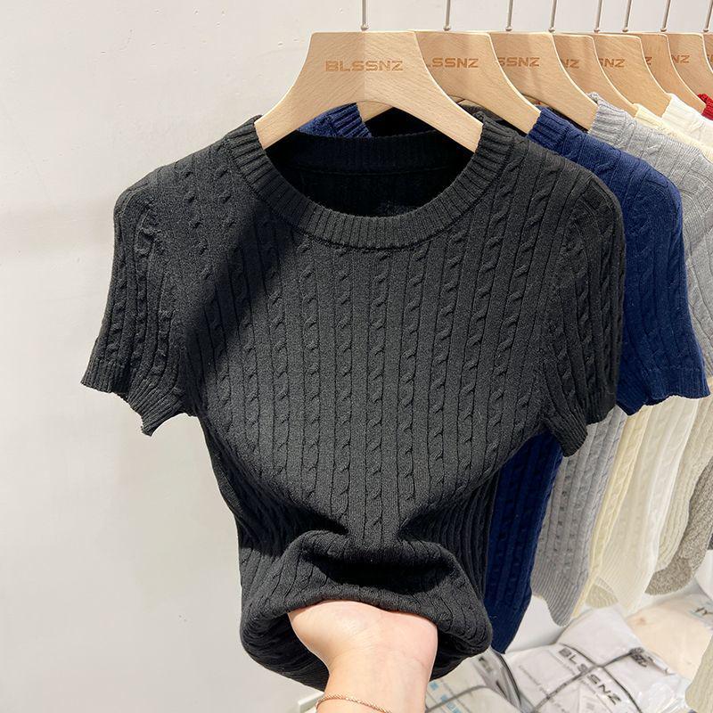 Women's Soft Knit Royal Blue Crew Neck Short Sleeve Sweater - Stylish & Slim Fit, 2025 Spring/Summer Korean Fashion