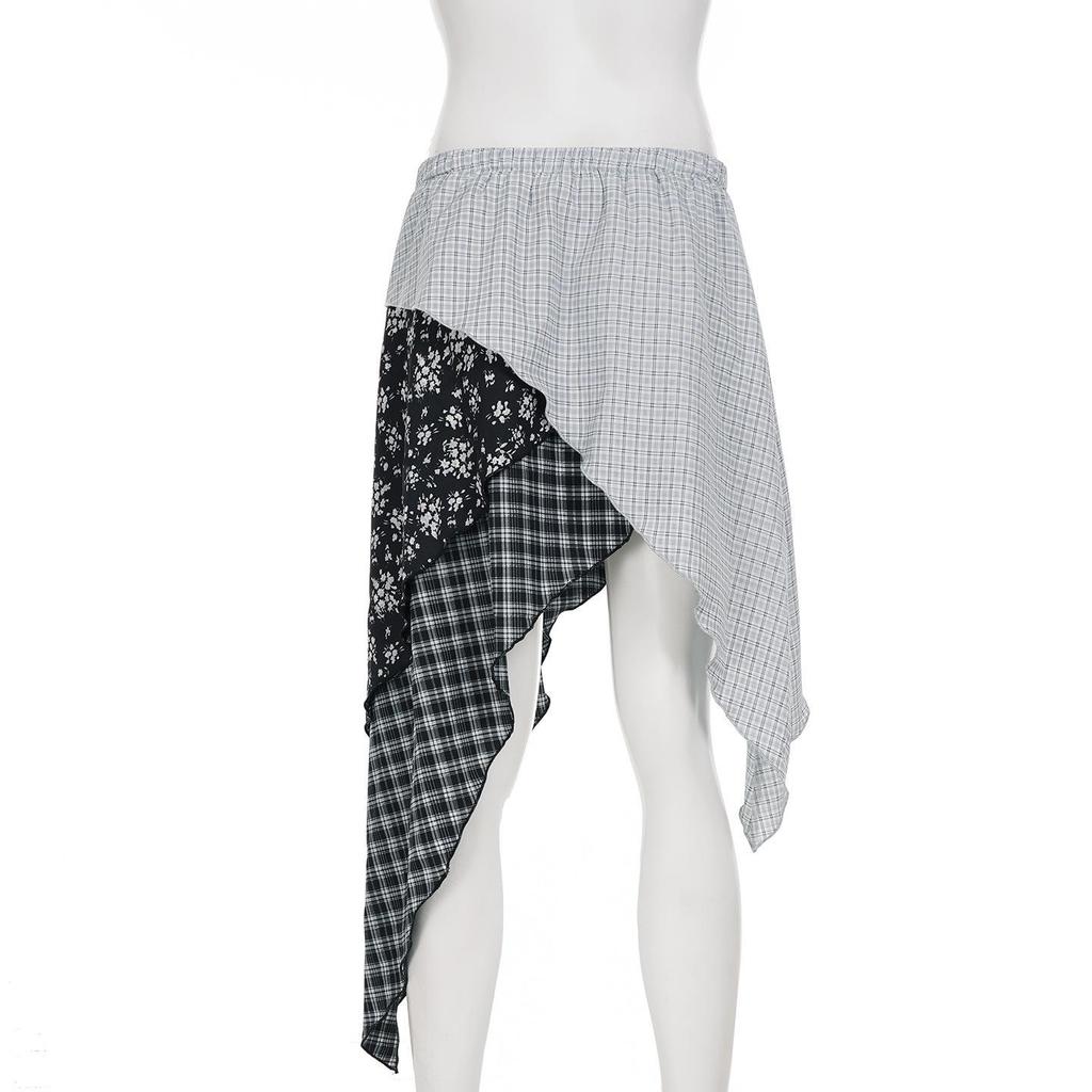 Y2K Style Plaid & Floral Low-Waist Ruffled Skirt
