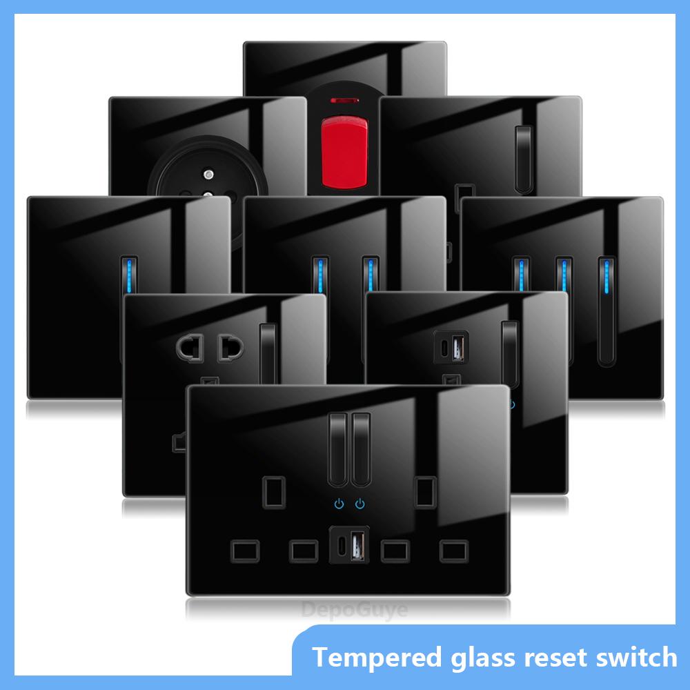 Luxury LED Indicator Light Switch Black Tempered Glass Piano Key Self-reset Wall switch,UK EU Universal USB C Electrical Socket