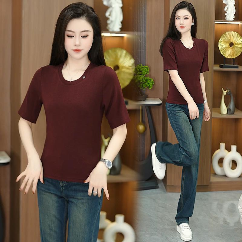 

Women s Korean Style Slimming Mid-Sleeve Stretchy T-Shirt - Spring/Autumn Fashionable Base Layer 4XL бордовий