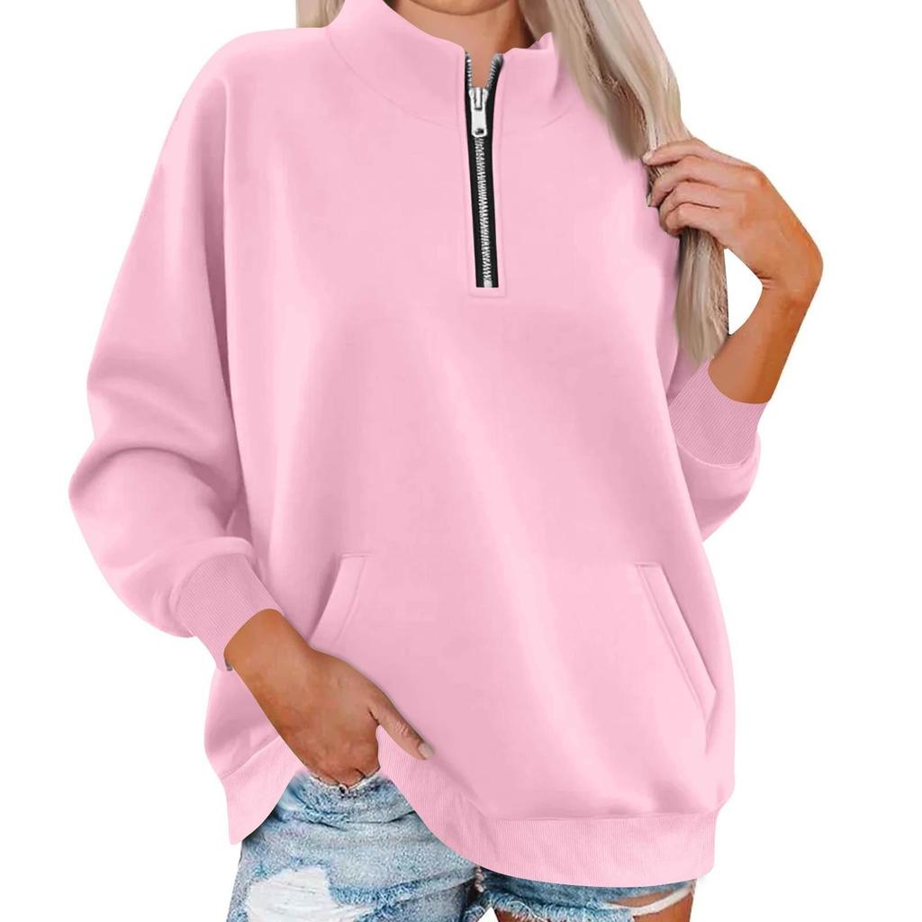 Women's Fashion Long Sleeve Loose Oversize Solid Color Half Zipper Neck Sweater Top With Pockets