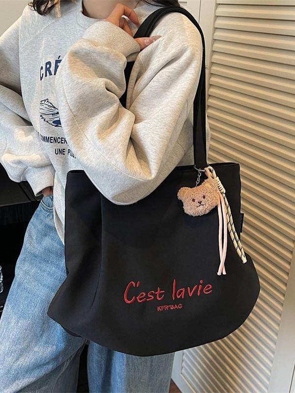 Korean Style Large Embroidered Canvas Shoulder Bag for Women - 2025