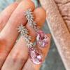 Huitan Aesthetic Women Drop Earrings Inlaid Sparkling Pink Pear CZ Elegant Party Engagement Accessories Gorgeous Trendy Jewelry