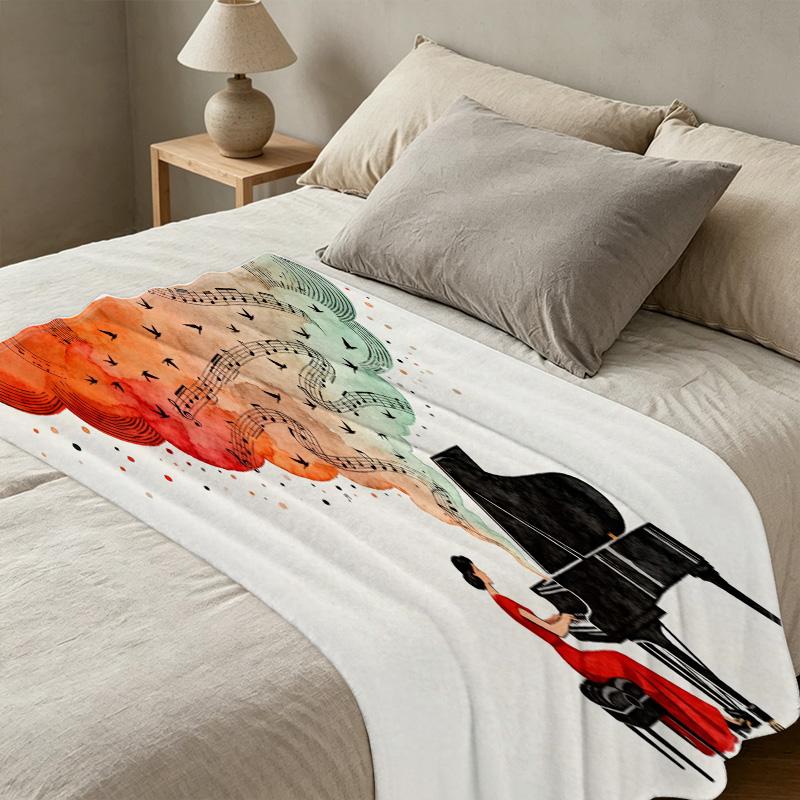 Piano Theme Flannel Fleece Blanket – Thick Warm Cozy Soft Throw for Home Relax, Guest Room Use, Perfect for Halloween & Christmas