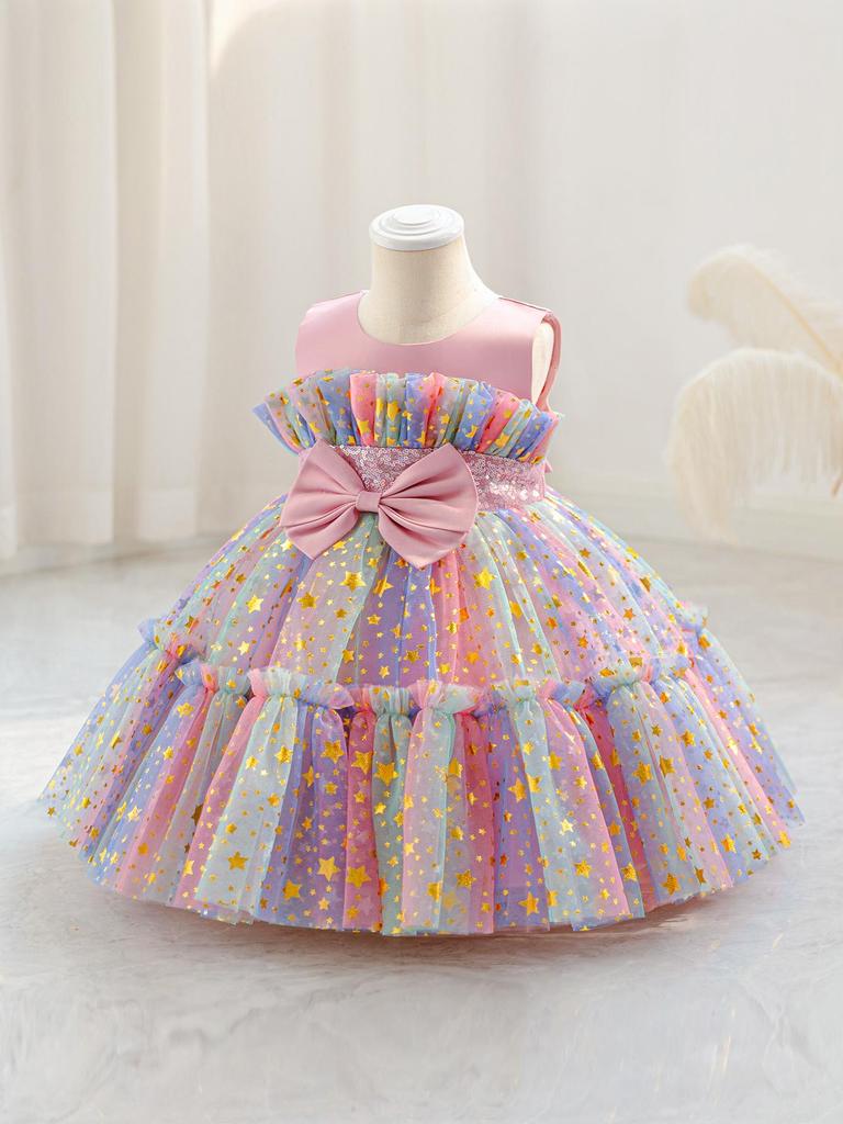 Summer 2025 Girls' Star Gradient Sleeveless Mesh Princess Dress with Butterfly Design for Formal and Piano Events