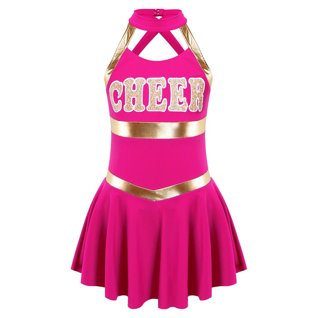 Girls Carnival Party Halloween Cosplay Cheerleading Uniform Outfit Sleeveless Crisscross Back Dress