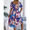 New Women's Floral Print Square Neck Dress, Short Sleeve A-Line Midi Dress with Ruffle Hem & Tie Waist for Spring Summer Casual Party & Daily Wear