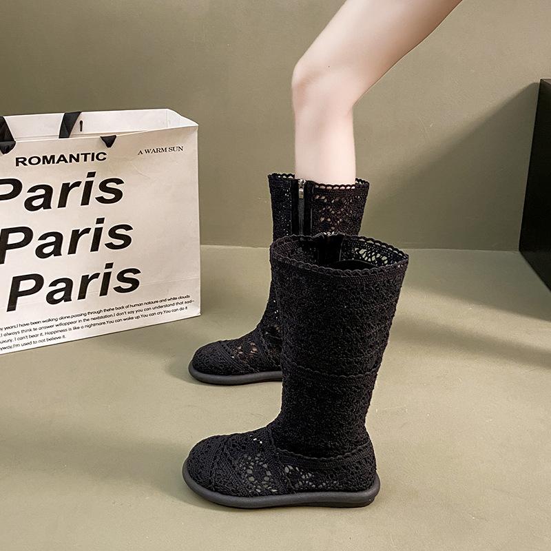 Women's Hollow Out Mesh Boots New Breathable Summer Cool Boots Designer Lace Knee High Boots for Women High Tube Casual Booties