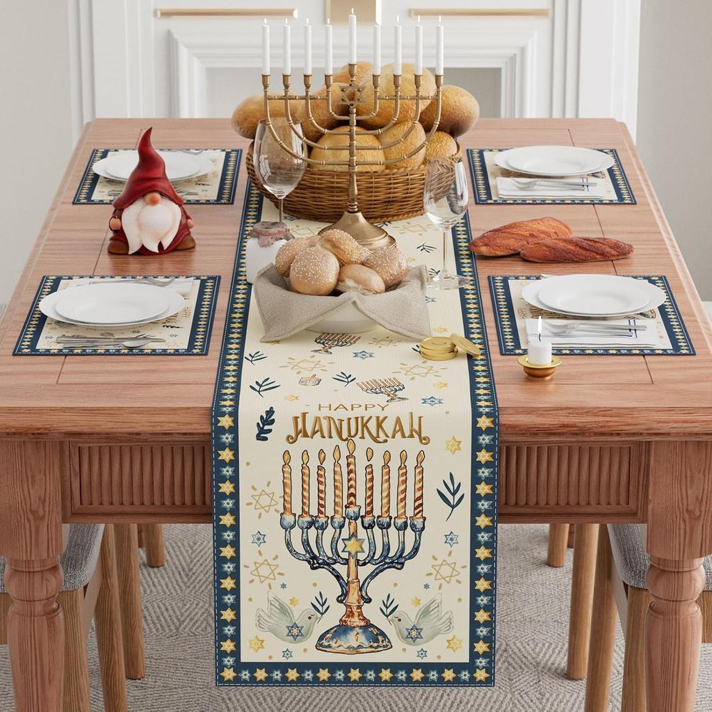 XCHI Happy Hanukkah Chanukah Menorah Six-Pointed Star Doves Table Runner Table Decoration for Party Home Kitchen Dining Holiday Decor 13x72 Inch