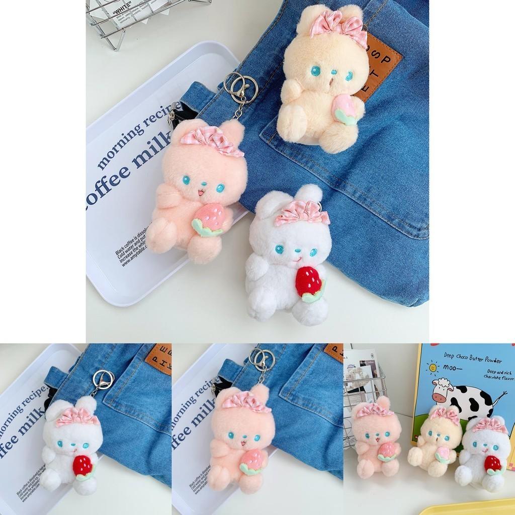 Charming Bowknot Strawberry Bunny Keychain Short Plush Toy Customizable In Three Colors