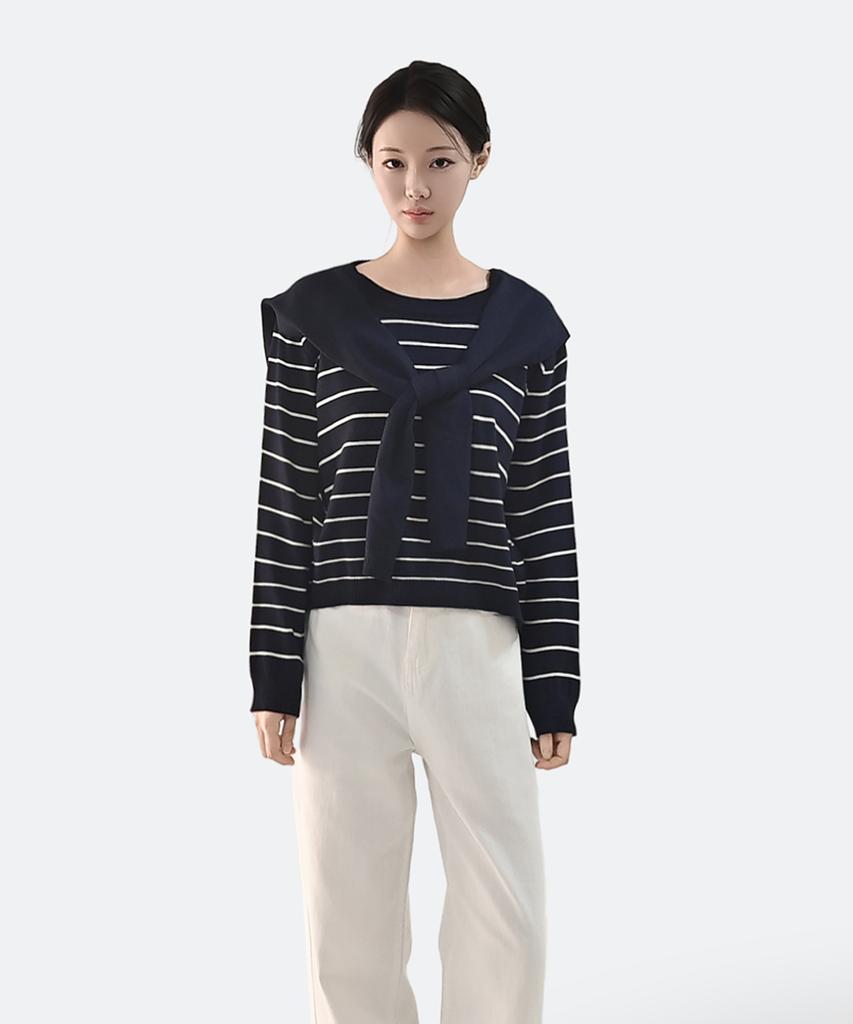 Keulleiseu Cape Shawl Layered Striped Knit T-Shirt_Ivory