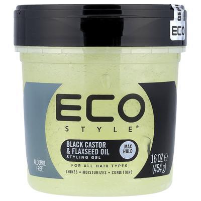 Eco Style, Stylinggel, Maximal Hållbarhet, Lämplig för Alla Hårtyper, Svart Ricinolja och Linfröolja, 16 oz (454 g)