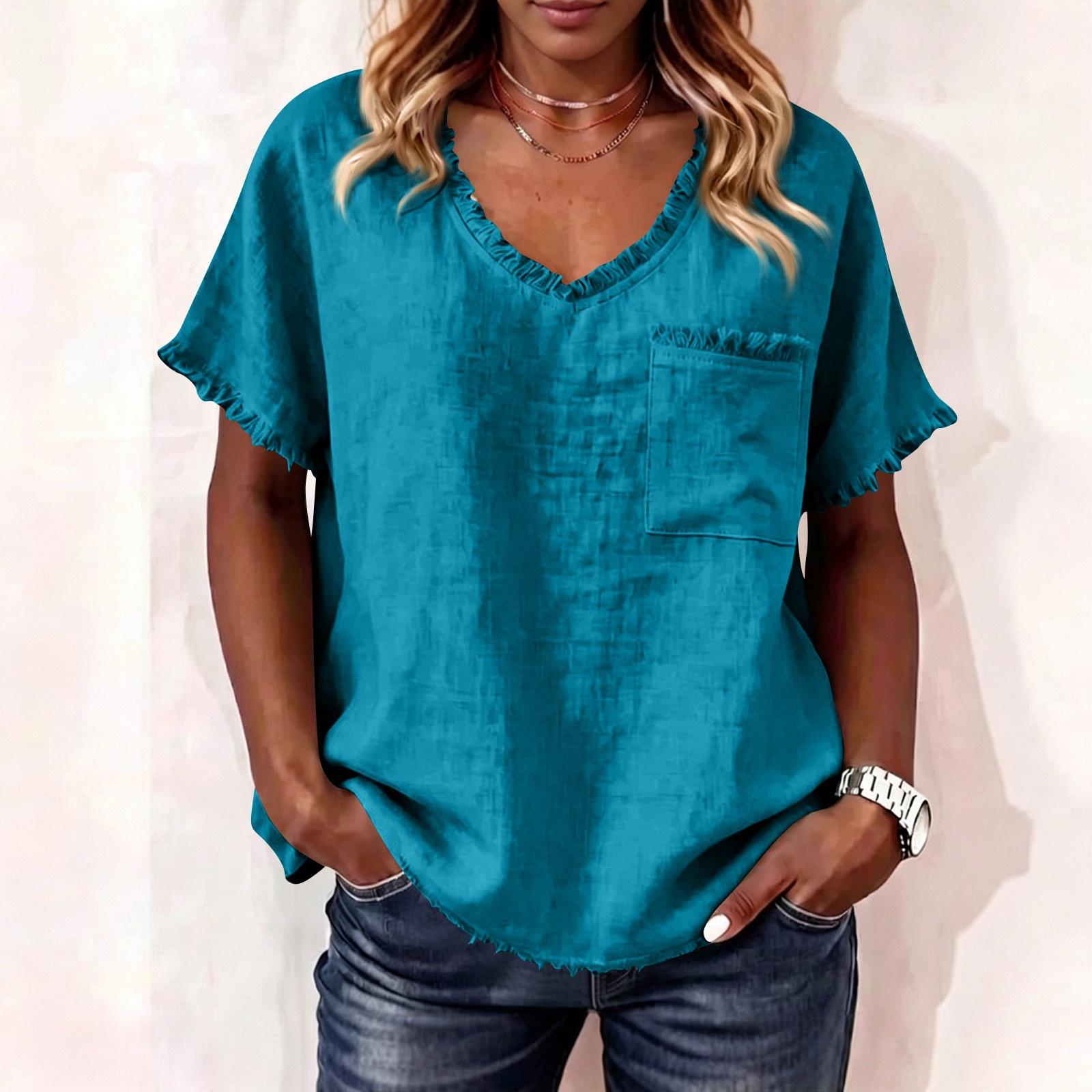 Women s Fashion Short Sleeve V-Neck Blouse Color with Tassel and Lace Trim L синий